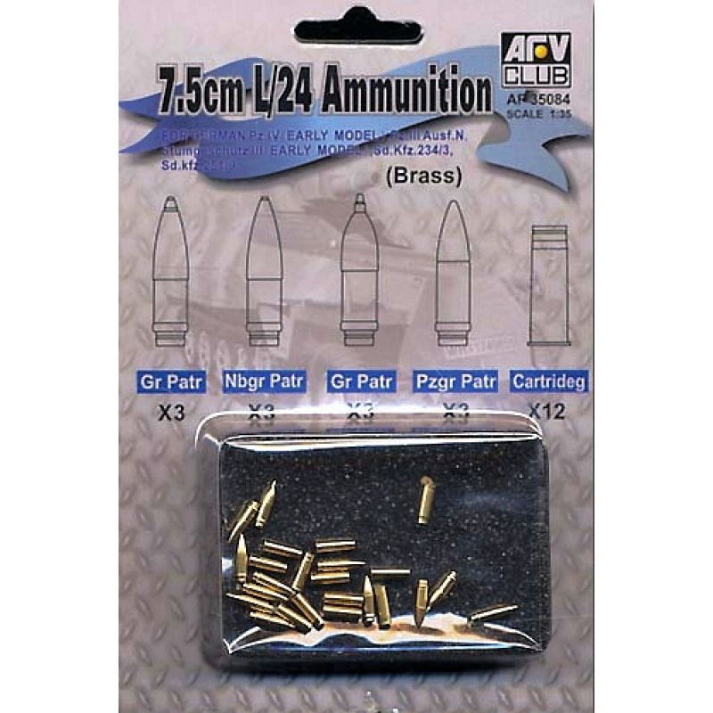 AFV Club 1/35 AF-35085 7.5cm L/46 Ammunition Set (Brass) For German WWII Tanks & Vehicles